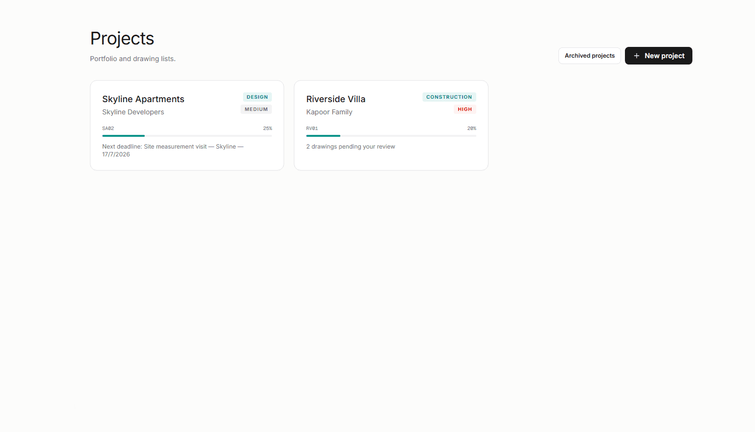 Beech Projects dashboard