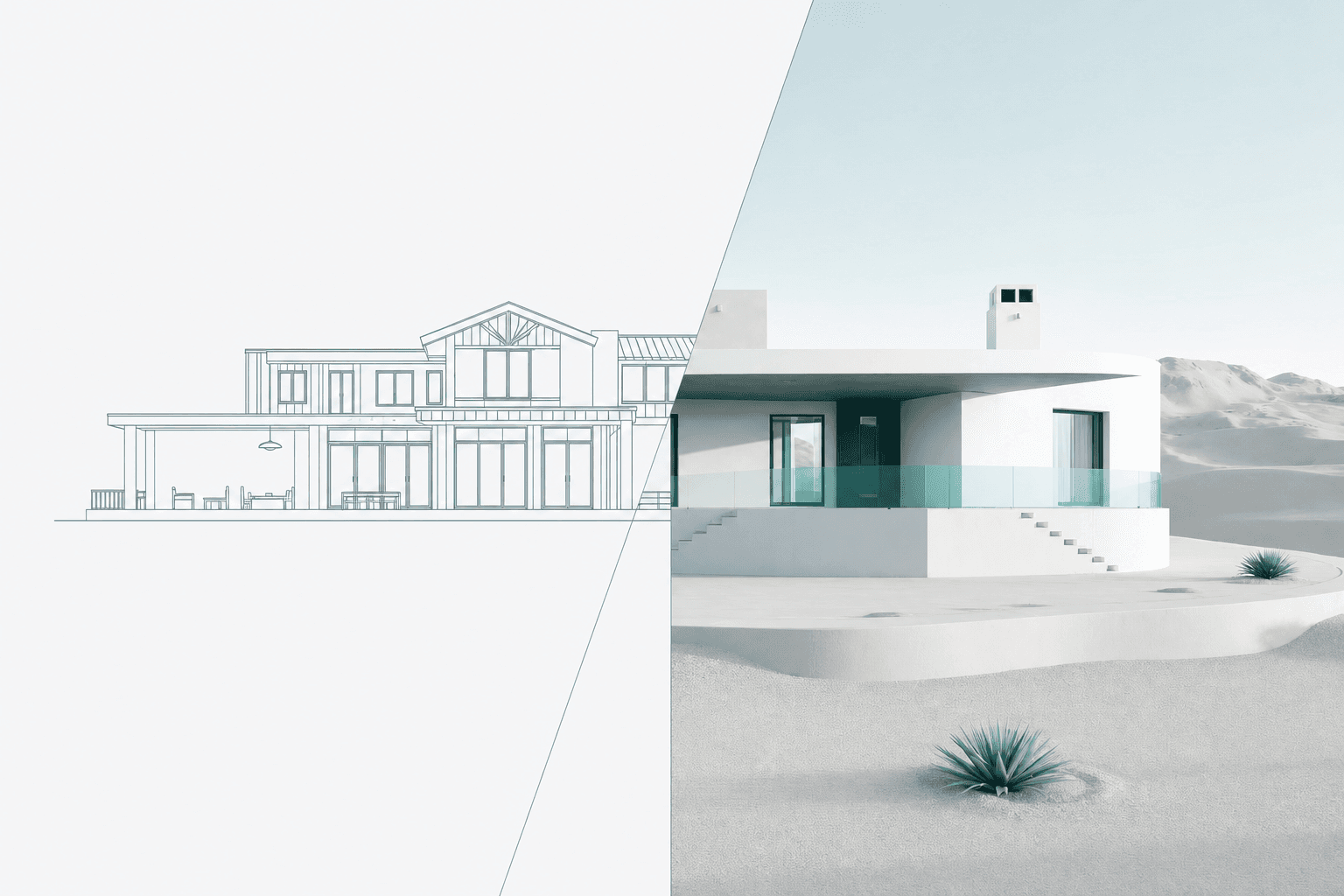 Sketch transitioning into finished desert villa