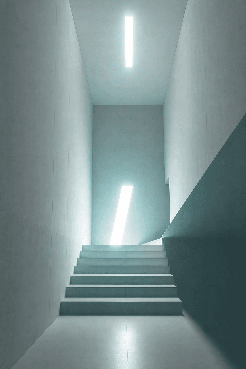 Concrete stair lit by a recessed tube light